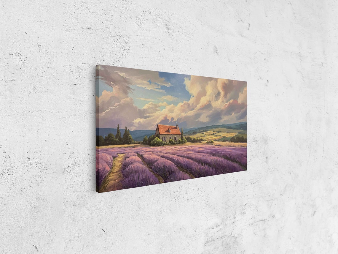 Lavender Field Country House Blooming Rows Sunset Sky Painting Poster - Image 4