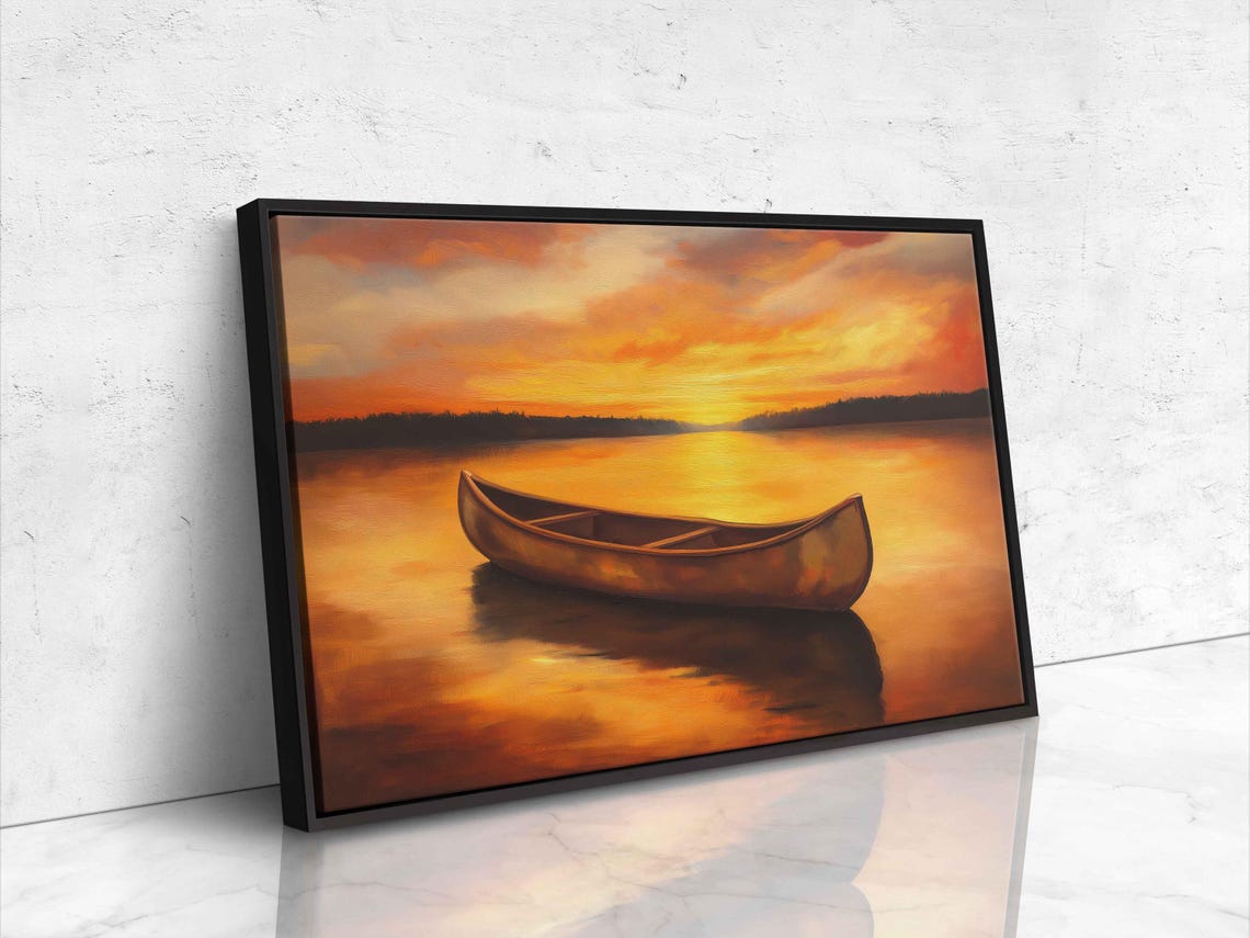 Solitary Canoe On Glassy Lake Wall Art Print Impressionistic Sunset Scene - Image 4