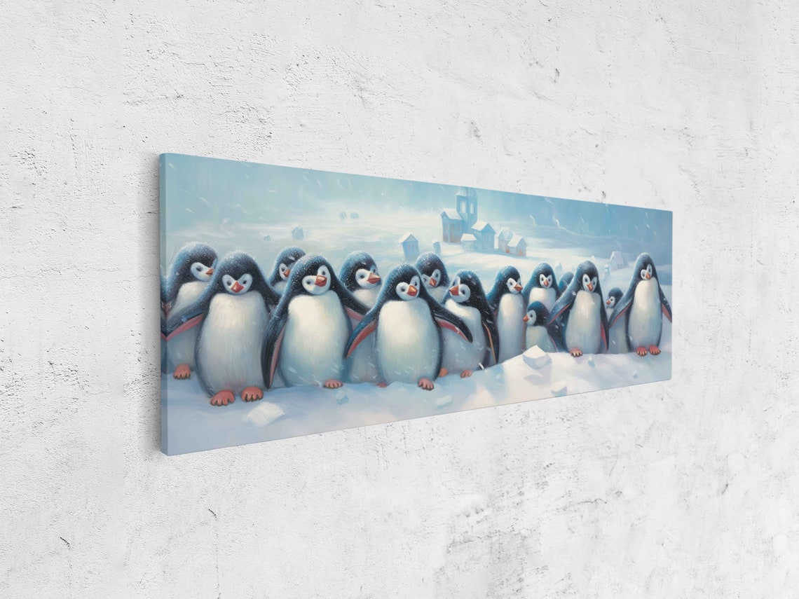 Cute Penguins Panoramic Wall Art Painting Print On Ready To Hang Nursery Wall Art - Image 4