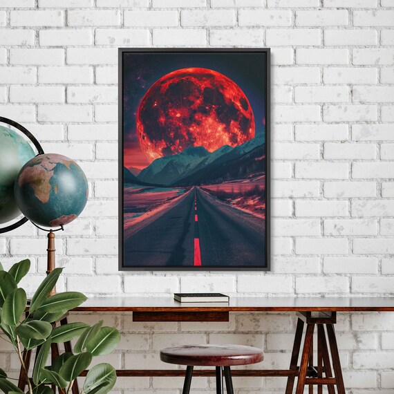 Giant Red Moon Over Mountain Range On The Horizon Wall Art Print Lonely Desert Road Ready To Hang
