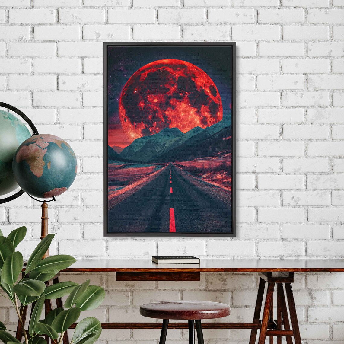 Giant Red Moon Over Mountain Range On The Horizon Wall Art Print Lonely Desert Road Ready To Hang