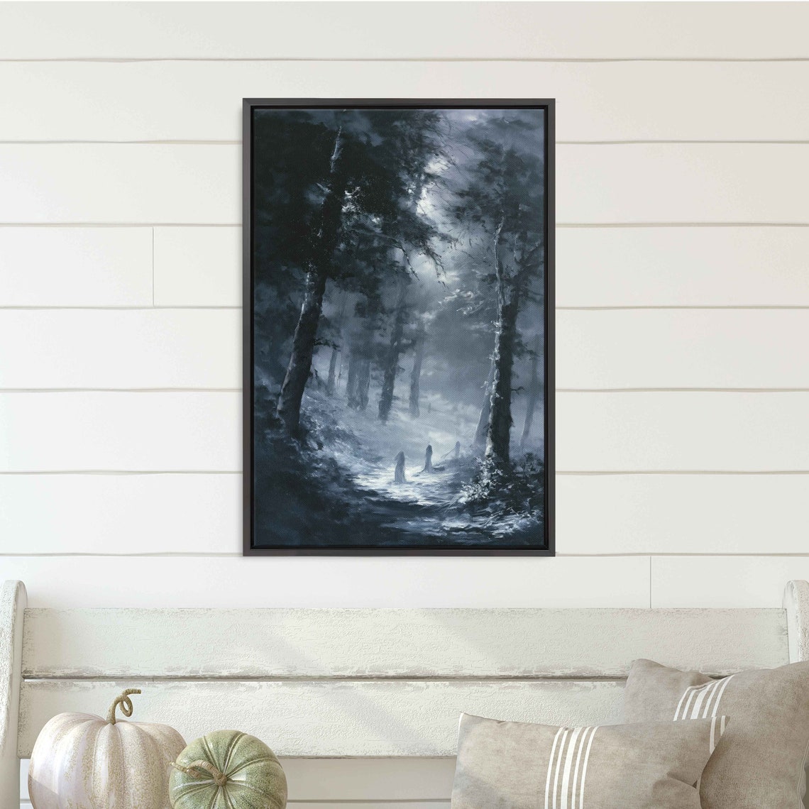 Ghostly Figures In Moonlit Foggy Haunted Forest Oil Painting Poster