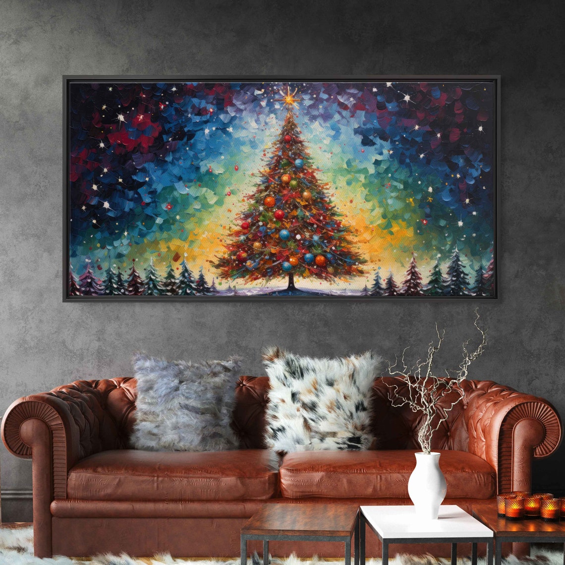 Vibrant Colorful Christmas Tree Ornaments Cosmic Night Sky Poster