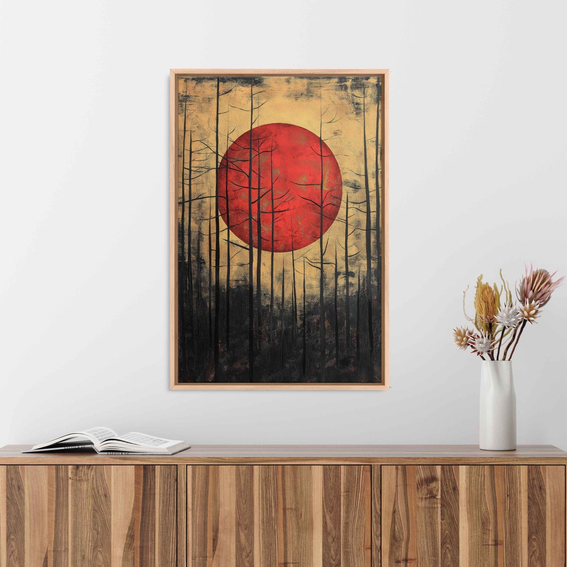 Surreal Red Sun Over Dark Forest Gold Leaf Moonlight Art Print