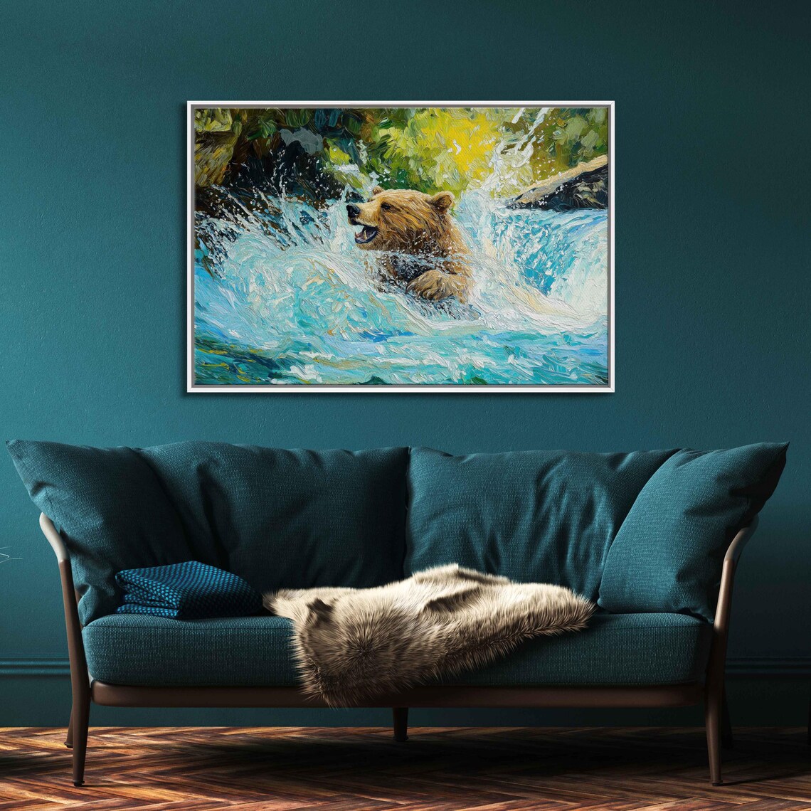 Grizzly Bear Fishing Dynamic River Splash Expressive Oil Painting Poster - Image 3