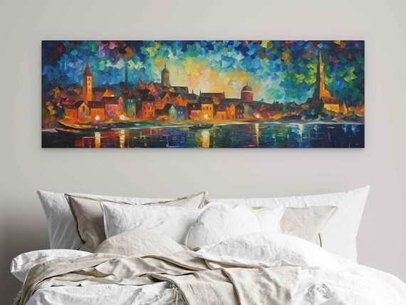 Old Town Night Lights Palette Knife River Glow Panoramic Painting Poster