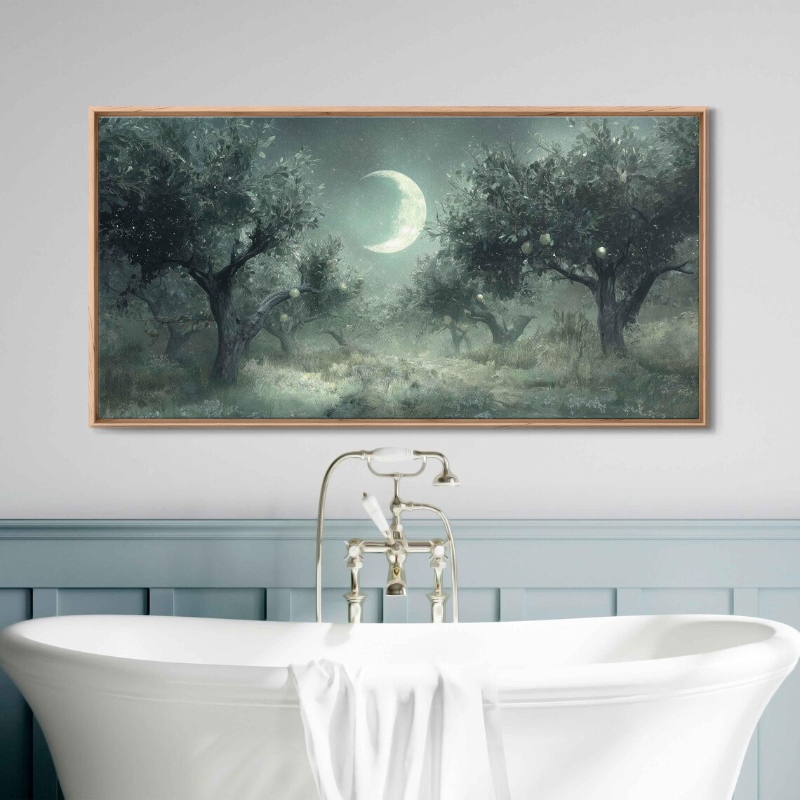 Luminous Fruit Trees Wall Art Print Mystical Orchard Under Half Moon Fantasy Atmosphere