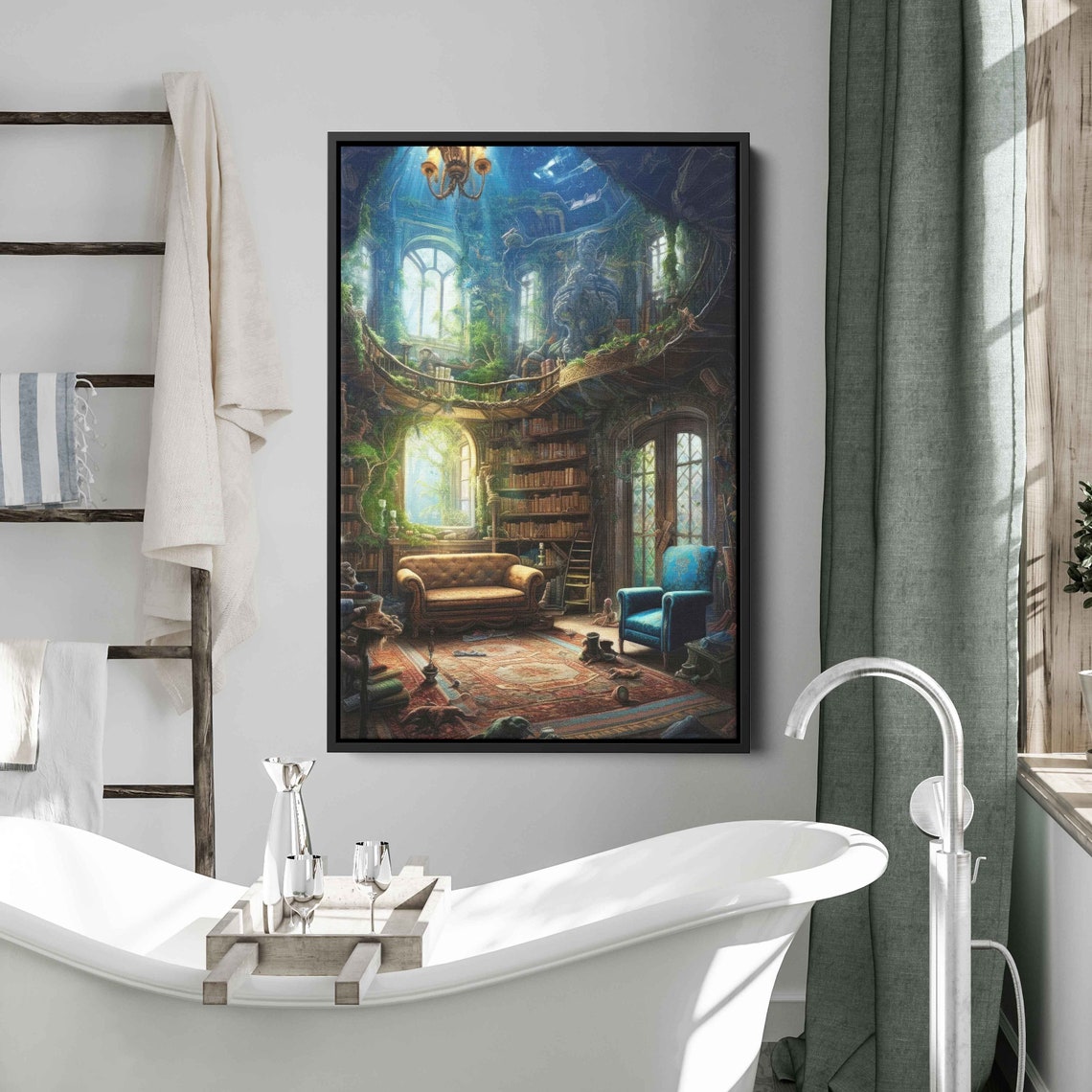 Enchanted Forest Library Treehouse Cozy Bookshelf Fantasy Print - Image 3