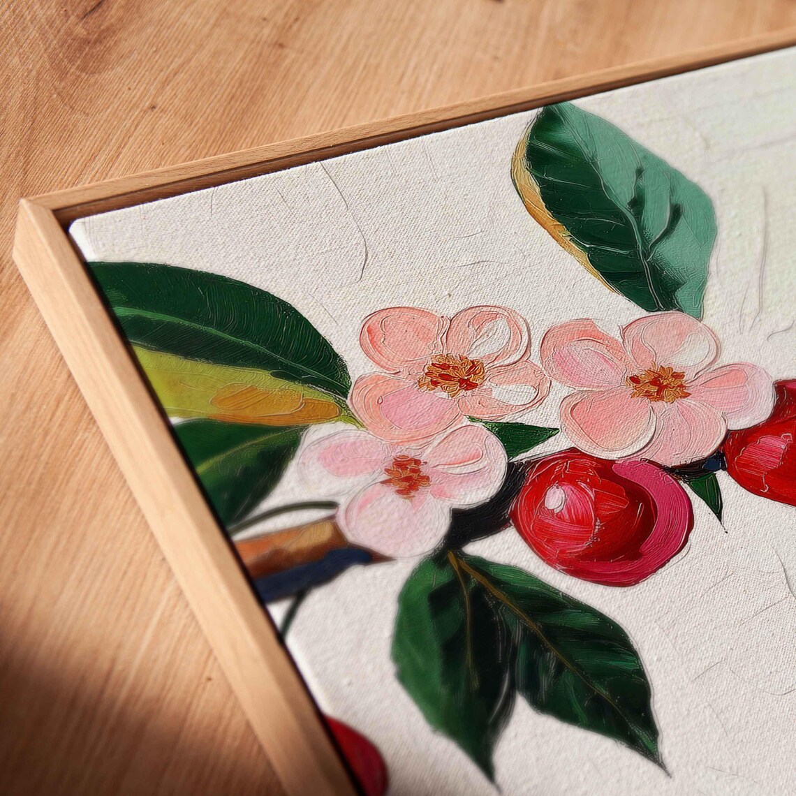 Cherry Branch Red Cherries Pink Blossoms Impasto Oil Kitchen Wall Art - Image 2