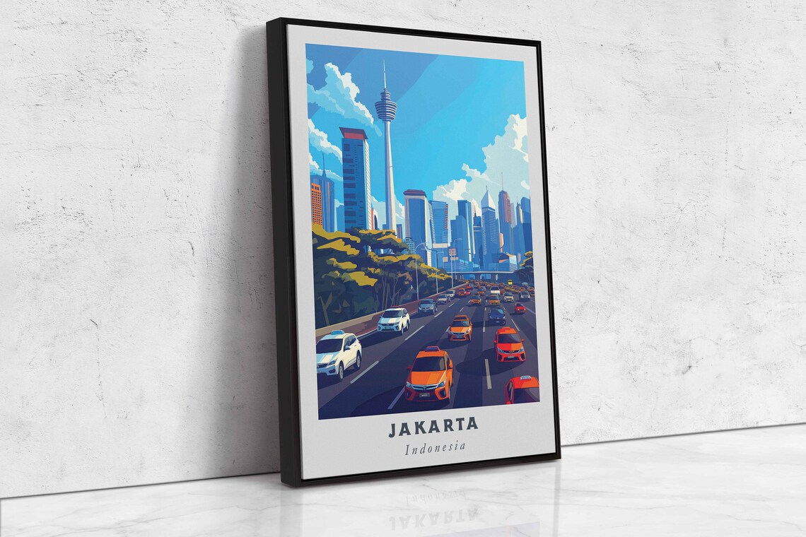 Jakarta Indonesia City Skyline Highway Taxis Illustrated Travel Poster - Image 2