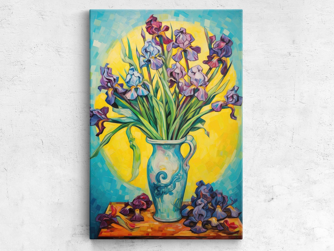 Purple Iris Flowers in Blue Vase Still Life Painting Art Print Poster
