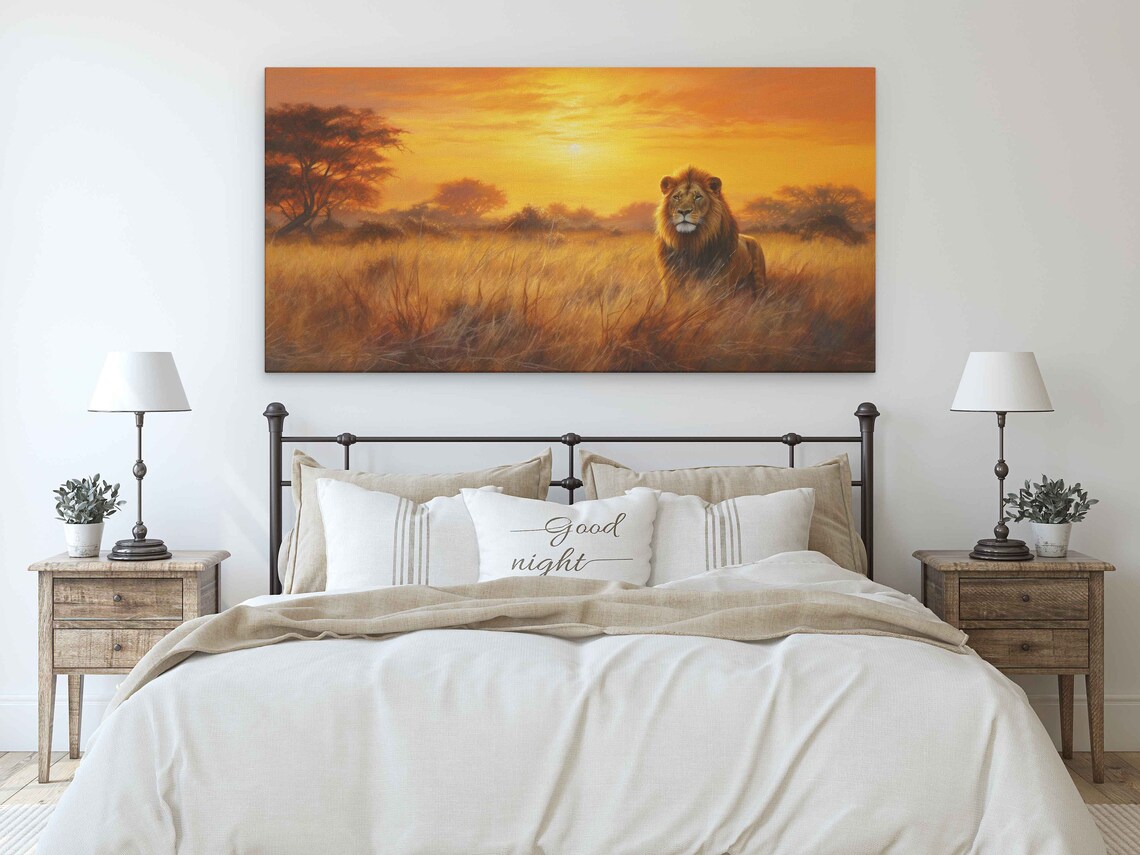 Lion In Africa Plains Sunset Landscape Art Print - Image 3