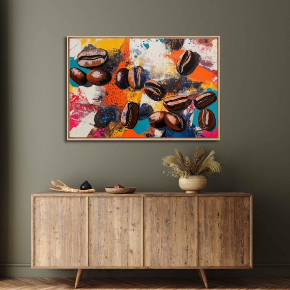 Coffee Beans On Abstract Wall Art Print Coffee Lover Gift For Her Kitchen Wall Art Bright Colors Ready To Hang