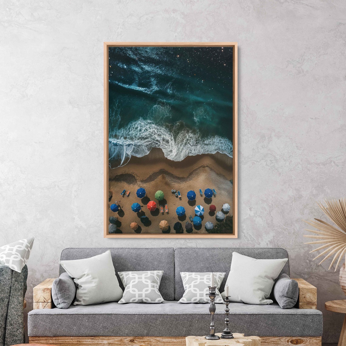 Aerial Night Beach Waves Colorful Umbrellas Under Starry Sky Poster - Image 3