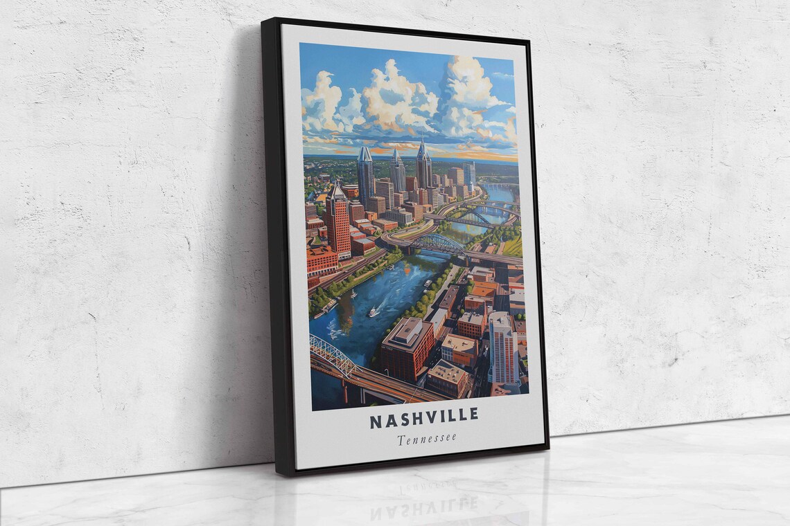 Nashville Tennessee Aerial Skyline Cumberland River Bridges Day Poster - Image 2