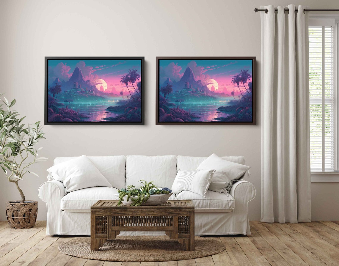 Pastel Color Island Vaporwave Landscape Art Illustration On Framed Ready To Hang Video Game Room Decor - Image 2