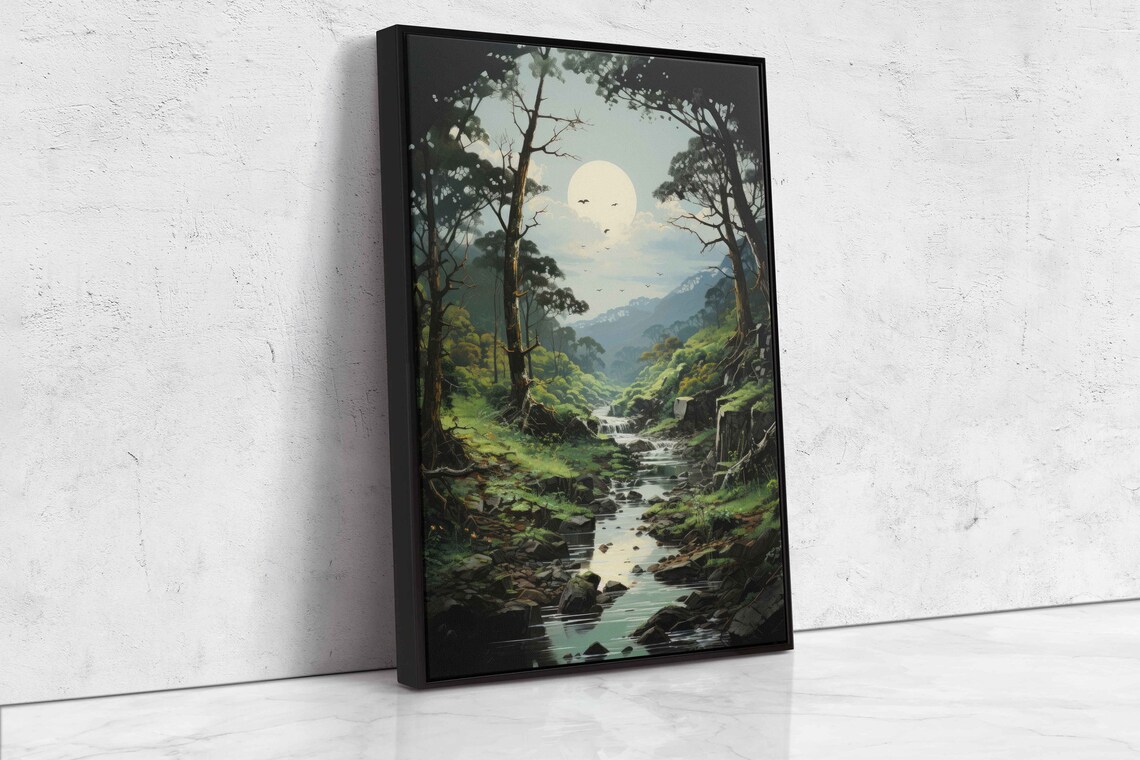 Sunlit Forest Stream Tranquil Nature Painting Framed Print Ready To Hang - Image 4