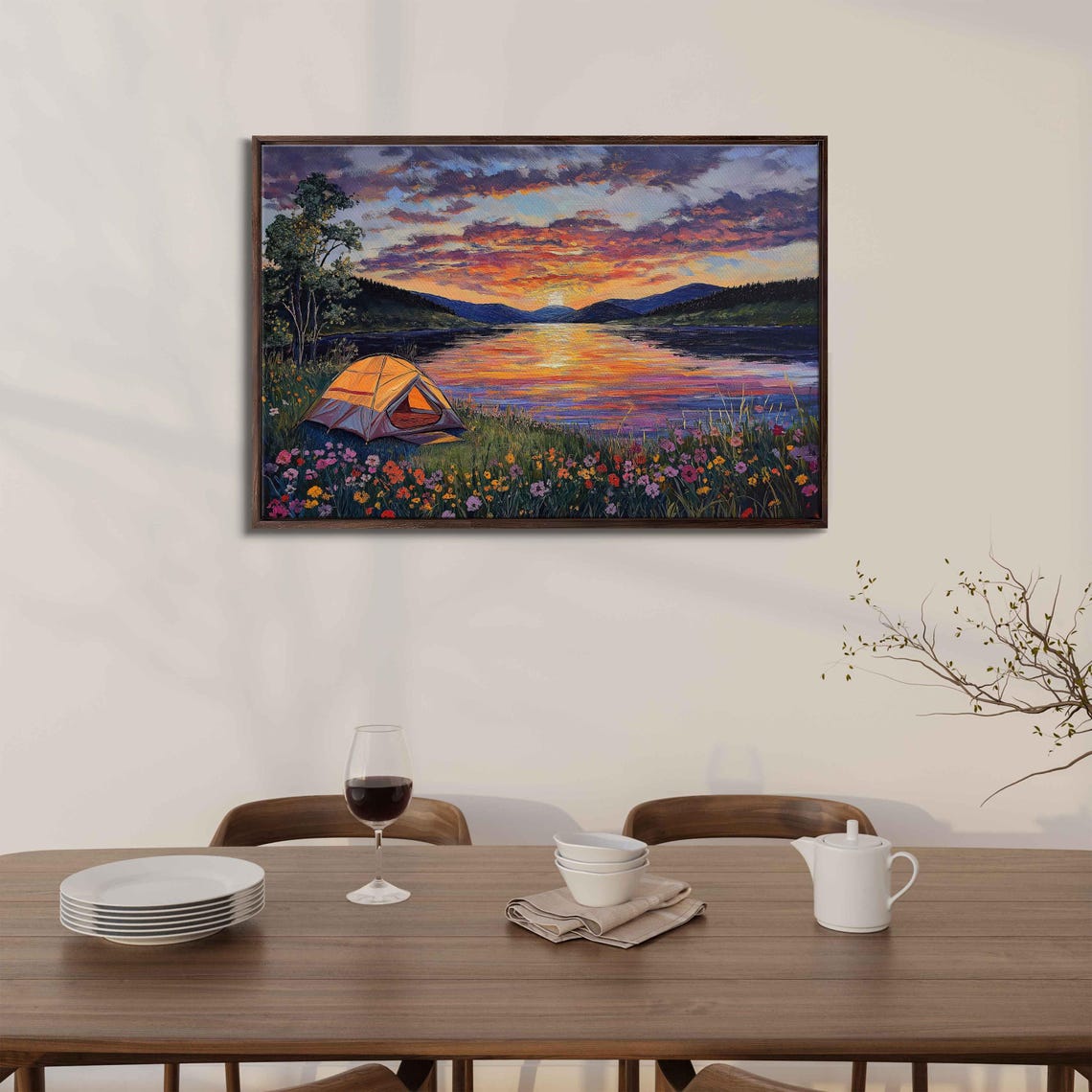 Tent By Lake At Sunset Wildflowers Reflection Purple Sky Art Poster
