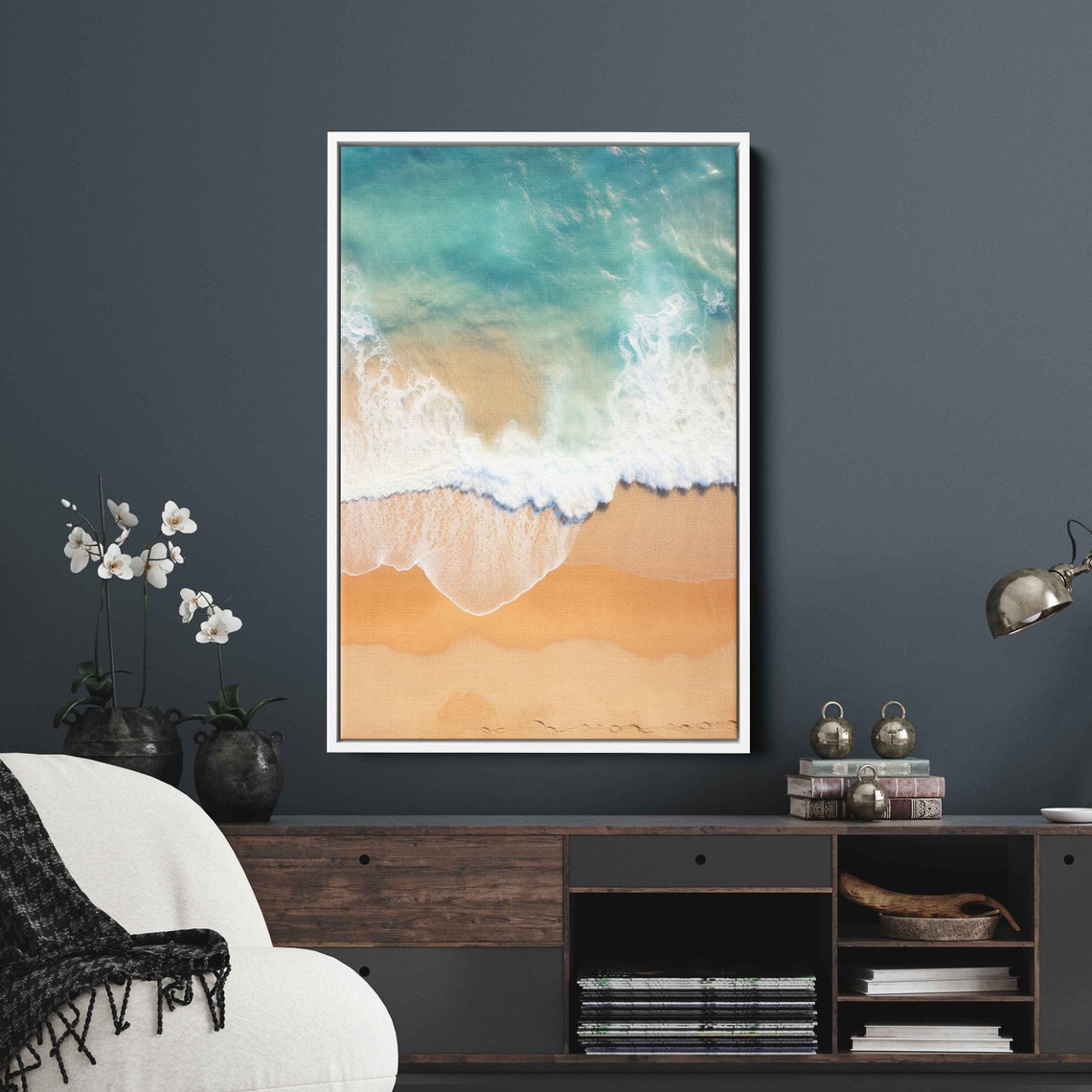 Aerial Ocean Wave Breaking Golden Sand Turquoise Water Beach Art Print - Image 3