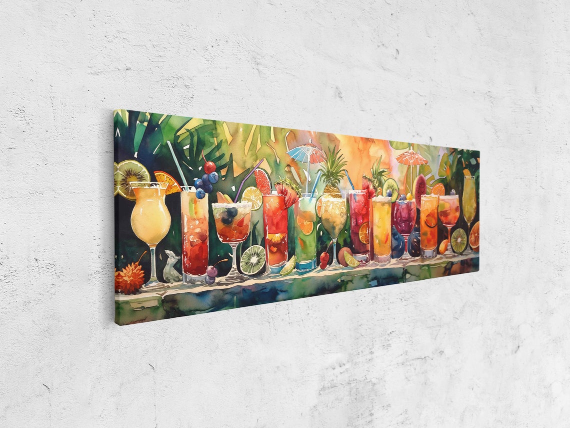 Panaramic Cocktail Painting Palm Trees In Sunset Vibrant Color Wall Art Print Ready To Hang - Image 4