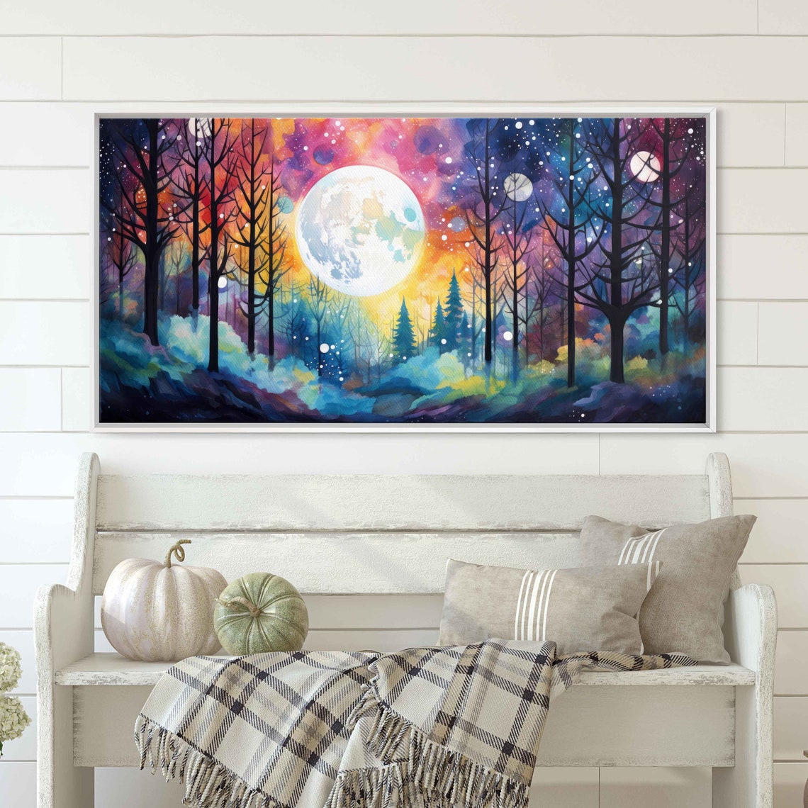 Colorful Moonlit Forest Full Moon Watercolor Night Trees Wall Art - Image 2