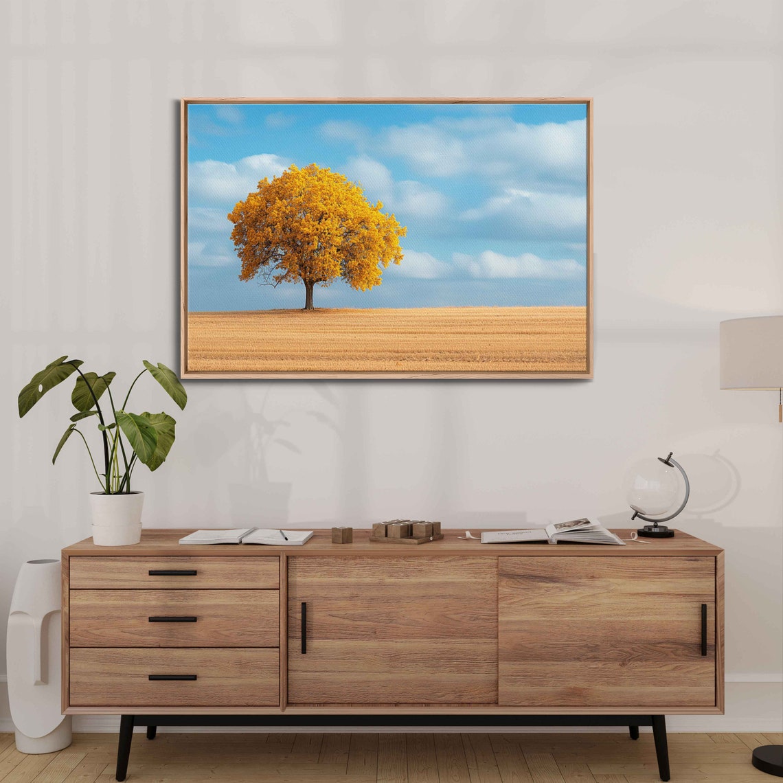 Lone Golden Tree Standing In Harvest Field Blue Sky Nature Poster