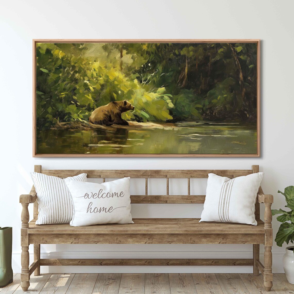 Grizzly Bear Resting By Riverbank Lush Green Forest Wildlife Art Poster - Image 3