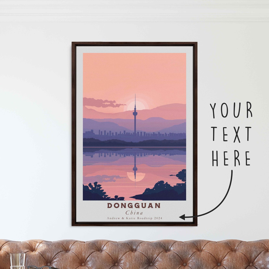 Dongguan China TV Tower Lakeside Sunset Minimalist Travel Poster - Image 3