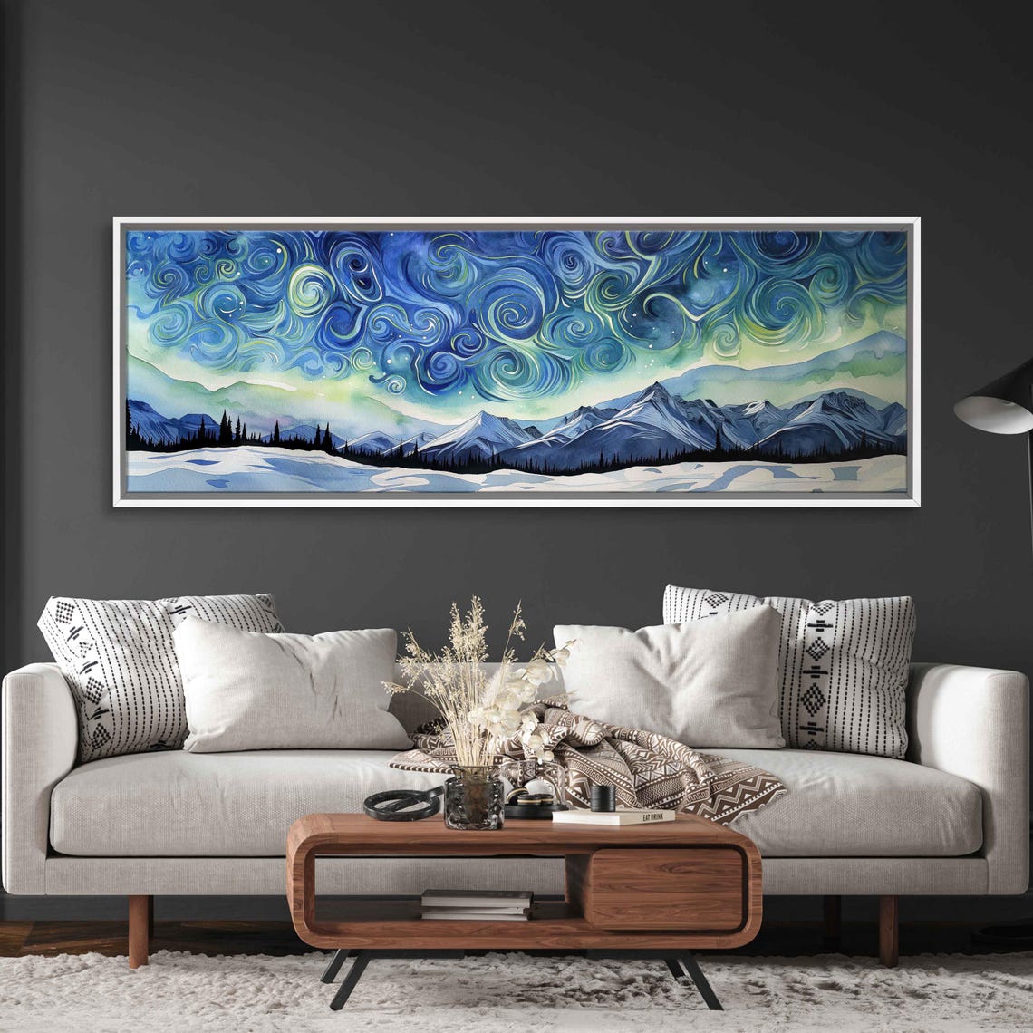 Swirling Starry Night Sky Watercolor Over Snowy Mountain Range Poster