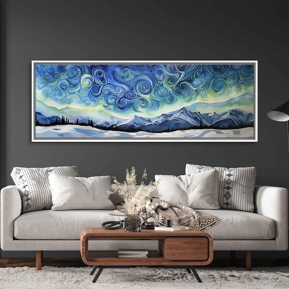 Swirling Starry Night Sky Watercolor Over Snowy Mountain Range Poster