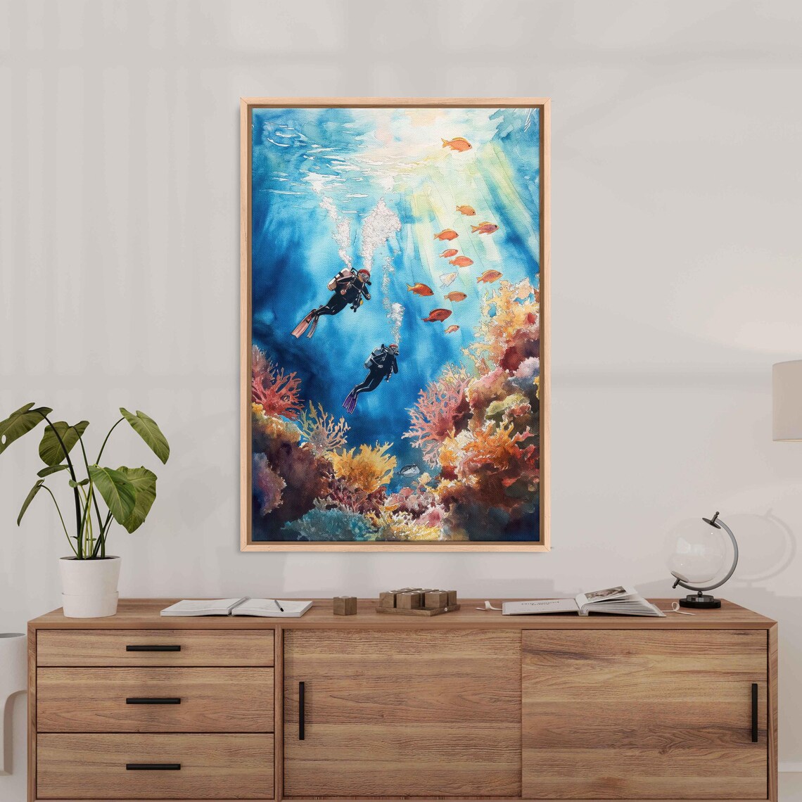 Scuba Divers Exploring Coral Reef, Underwater Scene