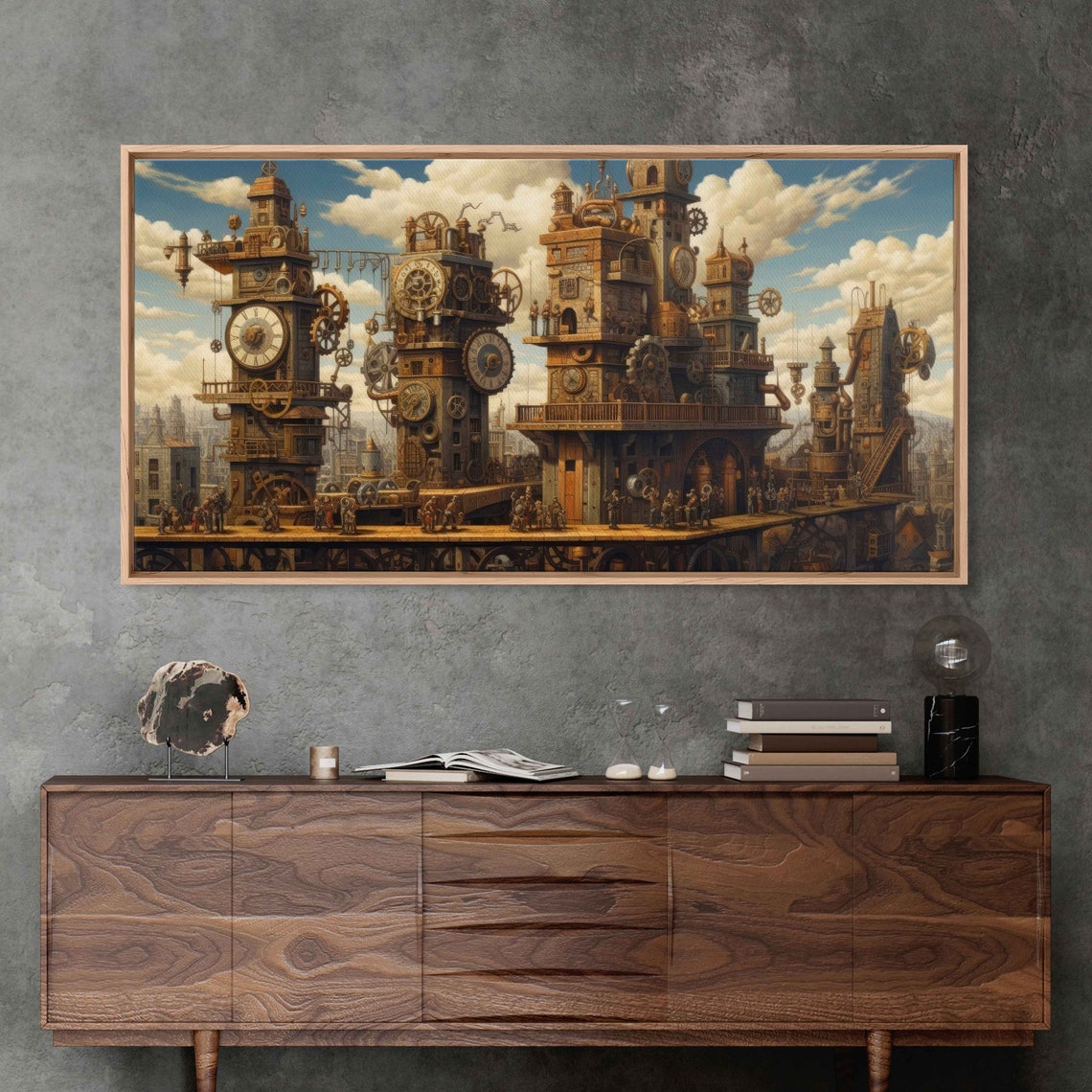 Victorian Steampunk Cityscape Clock Towers Gears Fantasy Poster