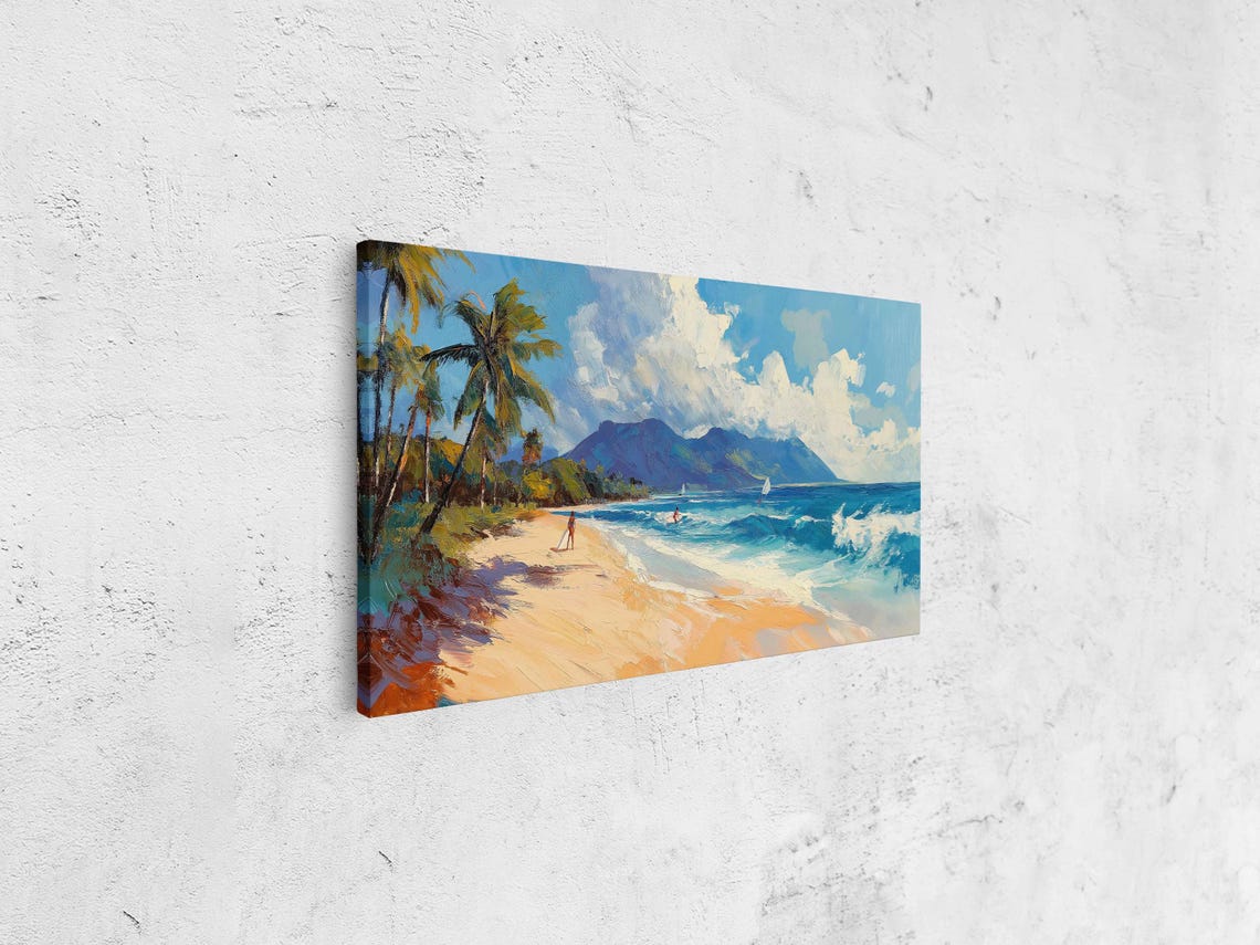 Surfers Catching Waves Off Tropical Island Beach Wall Art Print Gift For Surfer Blue Water Ready To Hang - Image 4