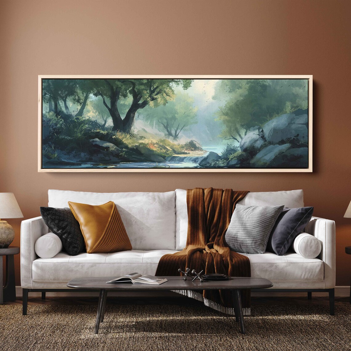 River In Forest Waterfall Painting Wall Art Print Ready To Hang Oil Painting - Image 2