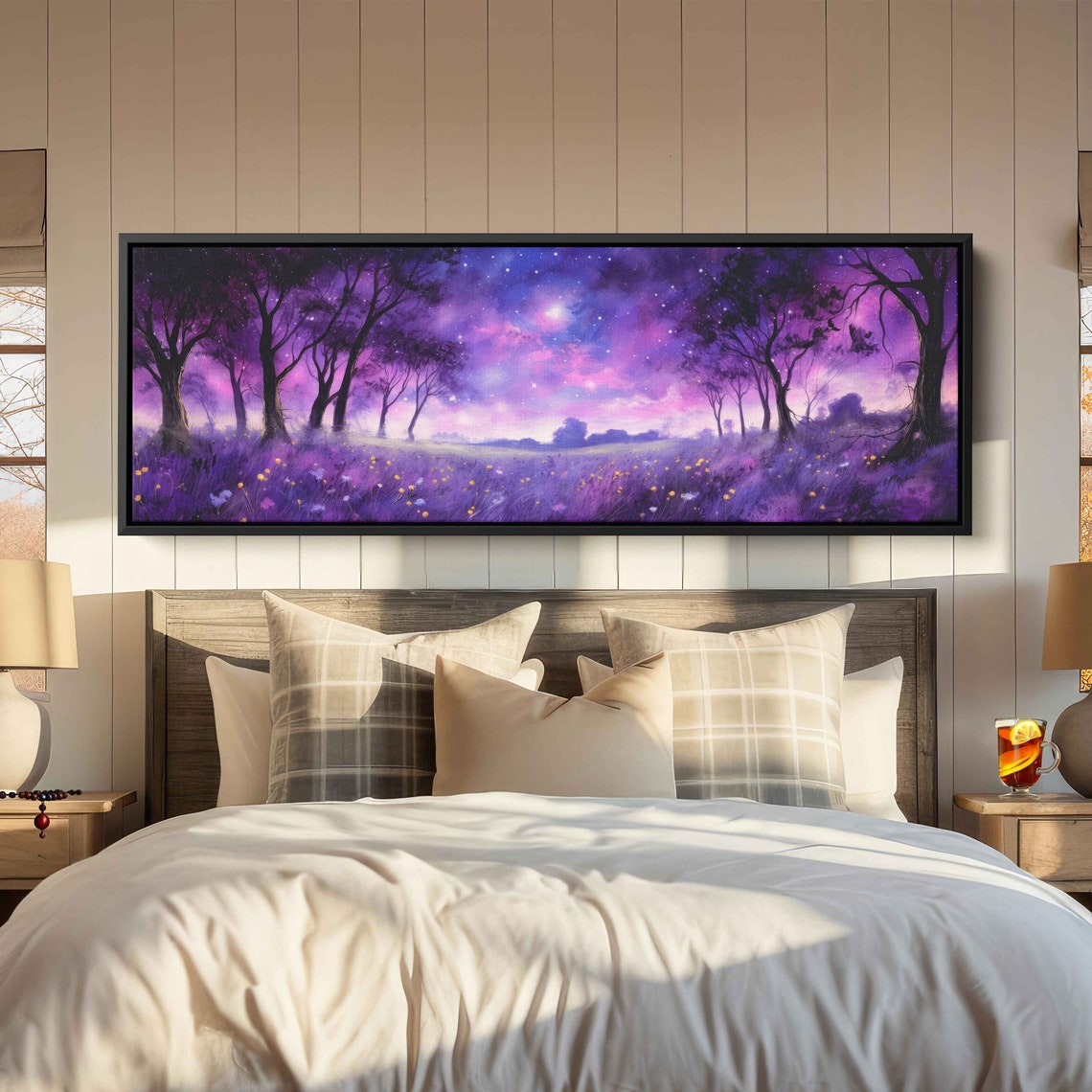 Lavender Field Moonlit Night Purple Starry Trees Panoramic Art Print - Image 2