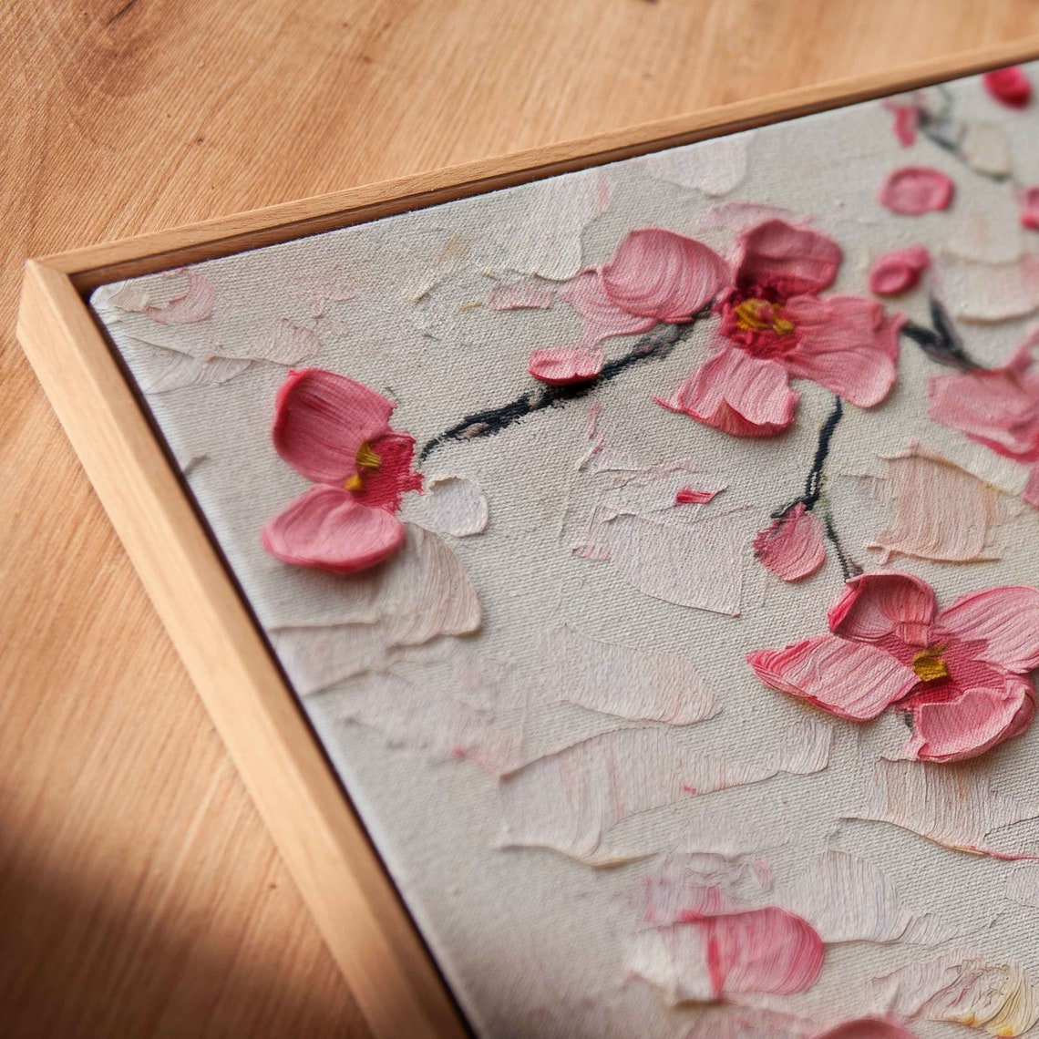 Cherry Blossom Pink Petals 3D Impasto Texture Floral Painting Wall Art - Image 2