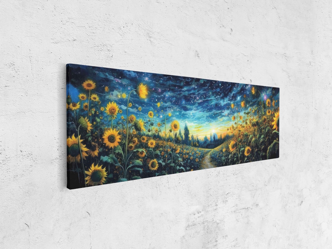 Sunflower Field Under Vibrant Starry Night Sky Panoramic Art Print - Image 4
