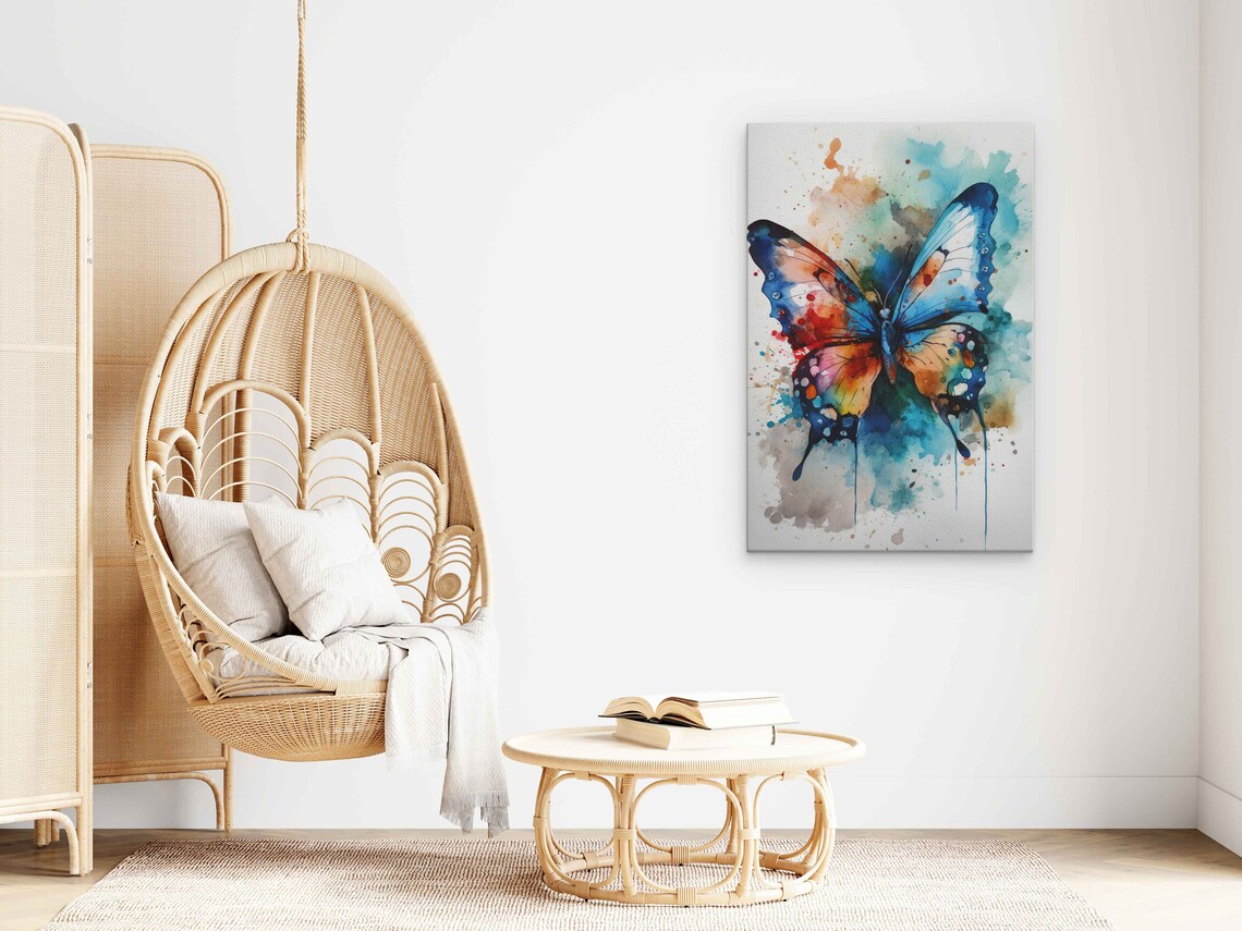 Colorful Watercolor Butterfly Blue And Orange Floral Splash Wall Art - Image 3