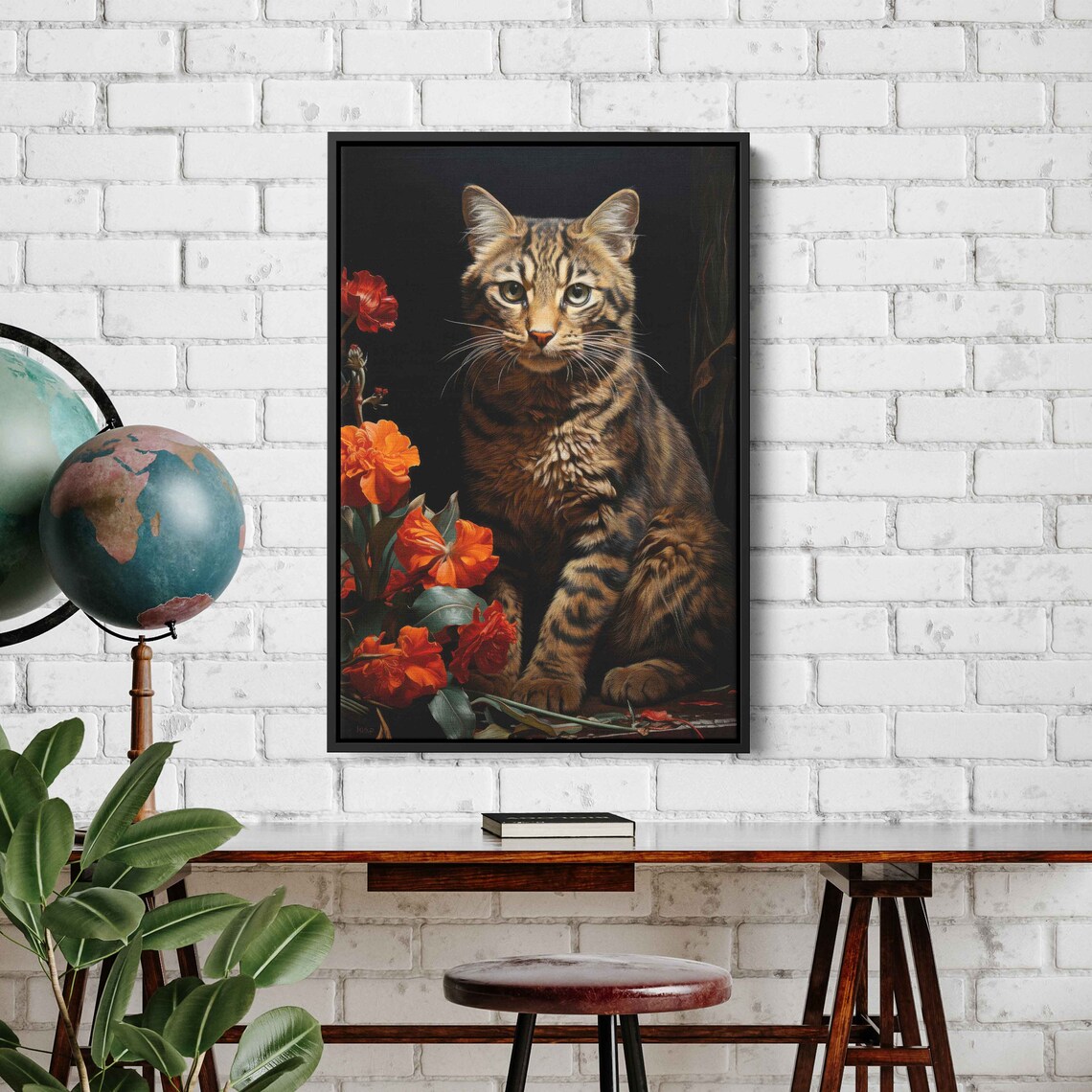 Tabby Cat With Red Flowers Dramatic Floral Feline Portrait Oil Print - Image 3