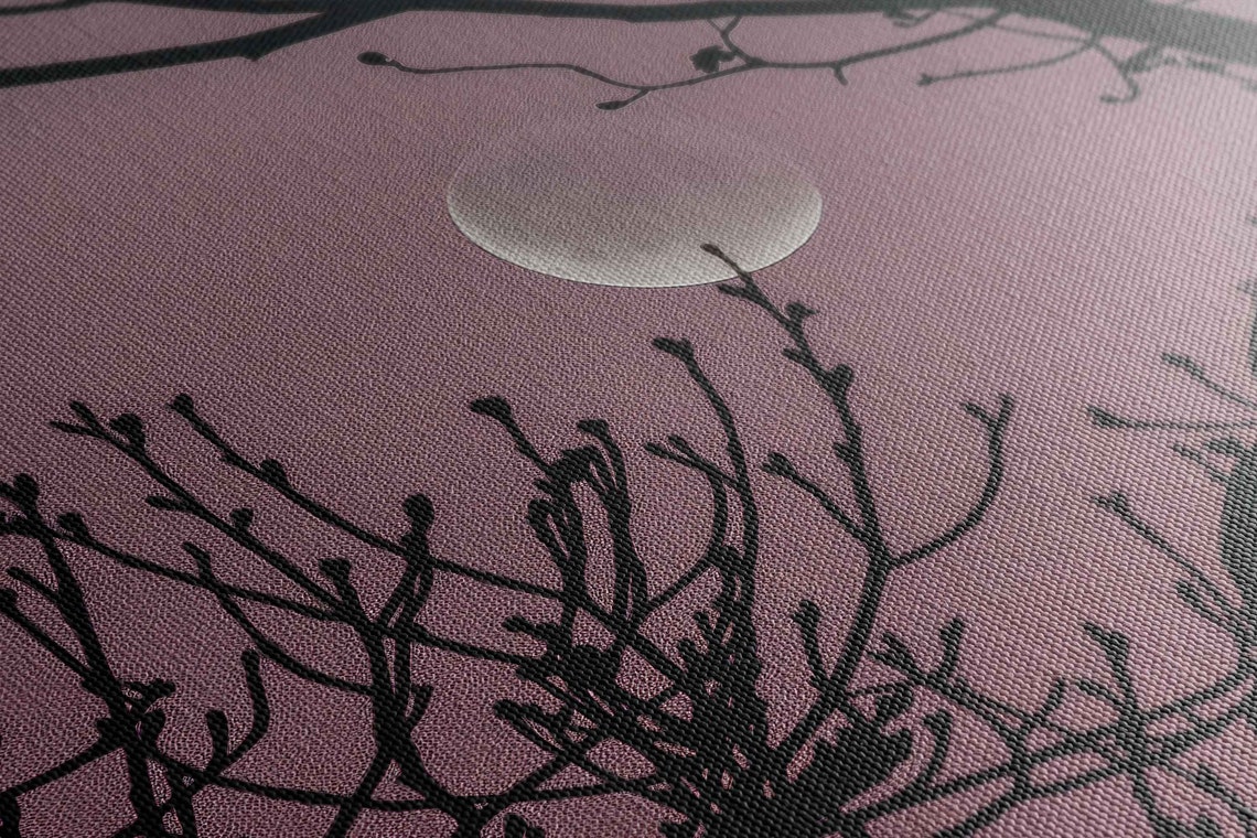 Crescent Moon Shown Through Tree Branches Wall Art Print Vibrant Pink Sky Nature Painting Ready To Hang - Image 2