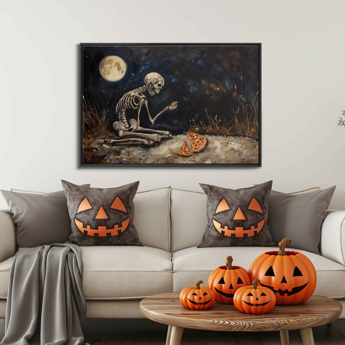 Skeleton Eating Pizza Under Full Moon Spooky Oil Painting Print - Image 3