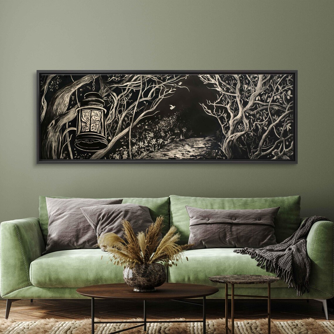 Gothic Lantern Glowing Over Twisted Tree Trail Night Ink Halloween Poster