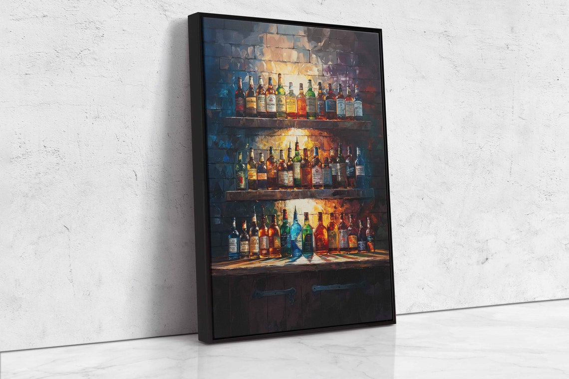 Whiskey Bottles on Wooden Shelves Moody Brick Bar Backlit Art Poster - Image 4