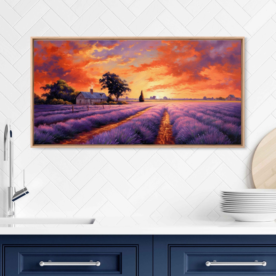 Lavender Farm at Fiery Sunset Rustic Barn Oil Painting Art Poster - Image 2