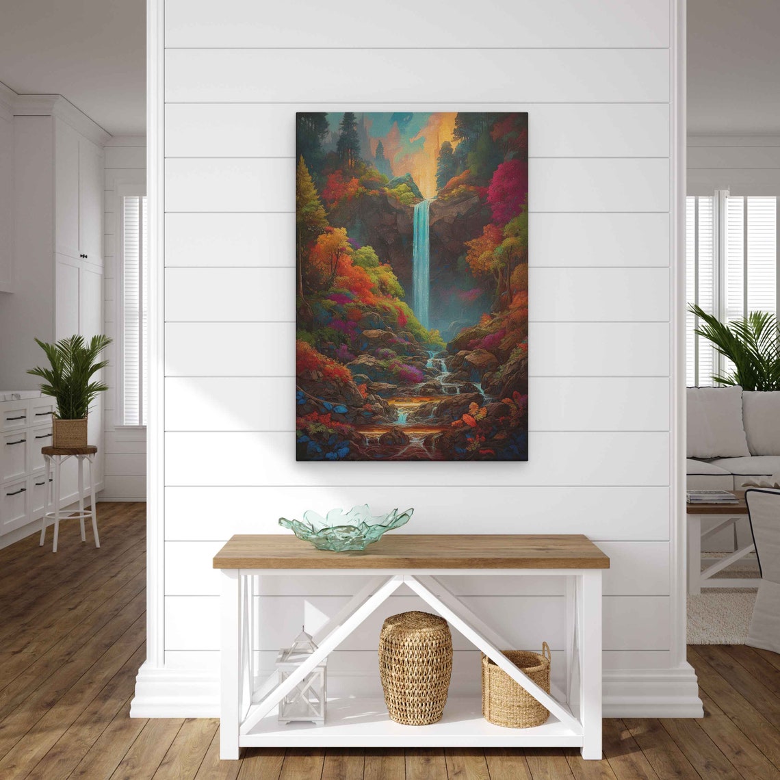 Waterfall In Colorful Autumn Forest Stylized Fantasy Art Poster - Image 2