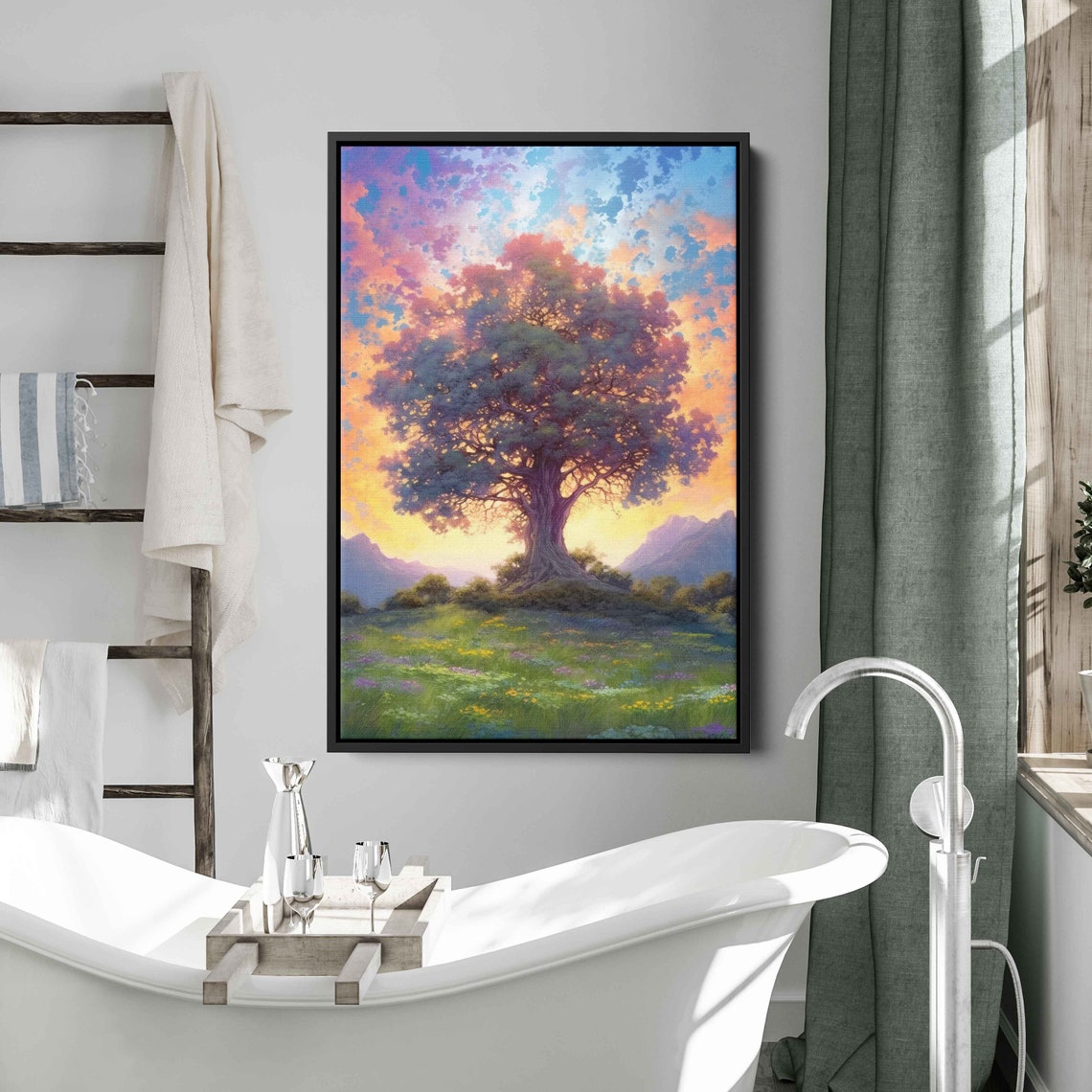 Majestic Tree at Sunset Mountain Backdrop Wildflower Meadow Art Poster - Image 2