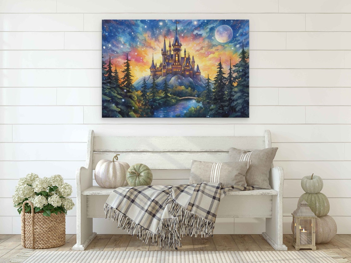 Snowy Hill Castle Full Moon Sunset Lake Bridge Starry Art Poster - Image 2