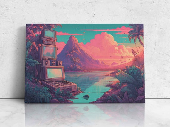 Tropical Retro Vaporwave Illustration Of Computers On An Island Framed Ready To Hang Bedroom Decor Office Decor