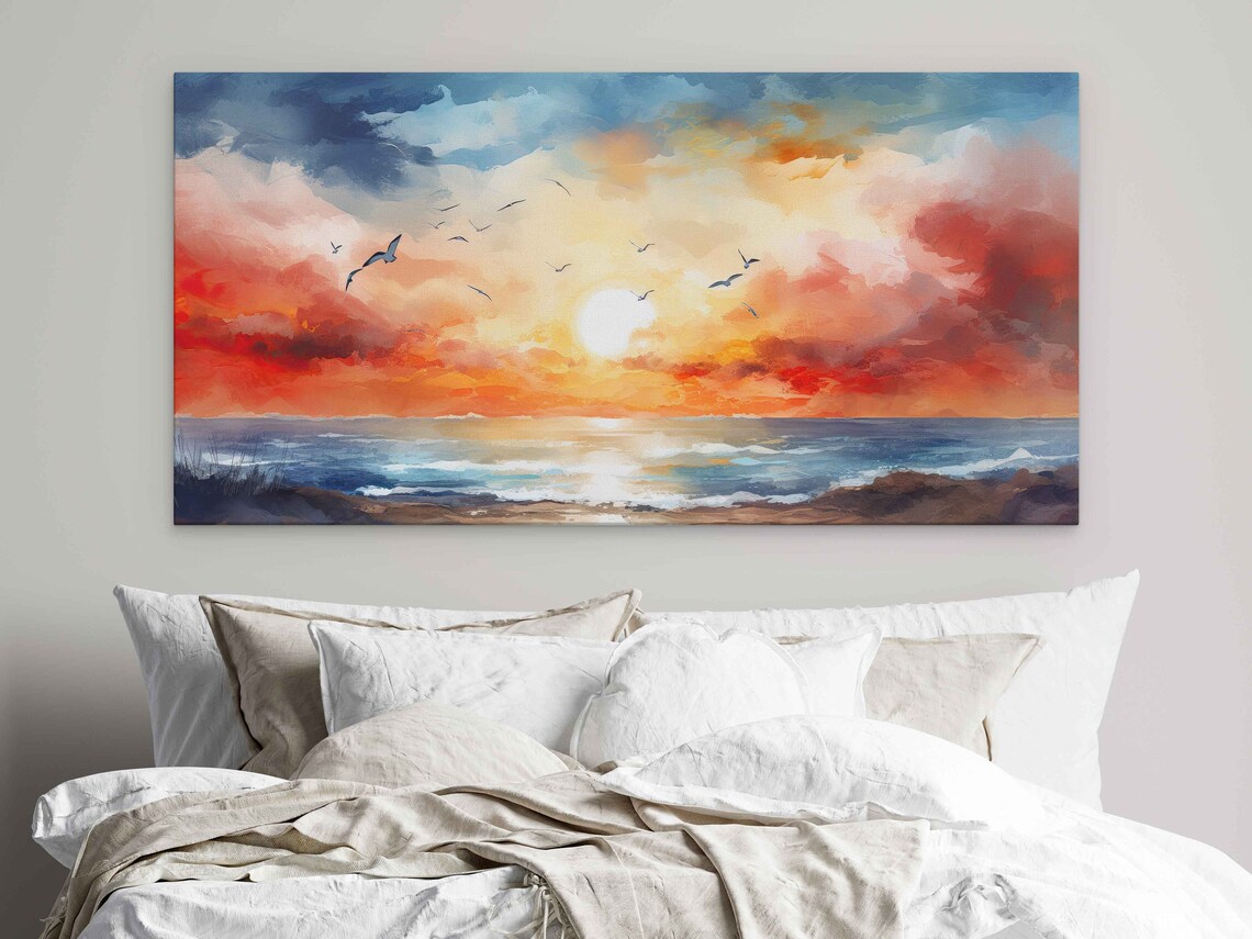 Beach Sunset Oil Painting Seagulls Flying Ocean Horizon Warm Sky Travel Poster