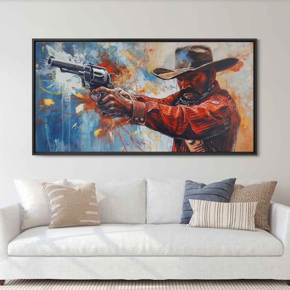 Vintage Cowboy Shooting Revolver Acrylic Wall Art Print Realistic Painting Western Wall Art Rustic Painting Ready To Hang